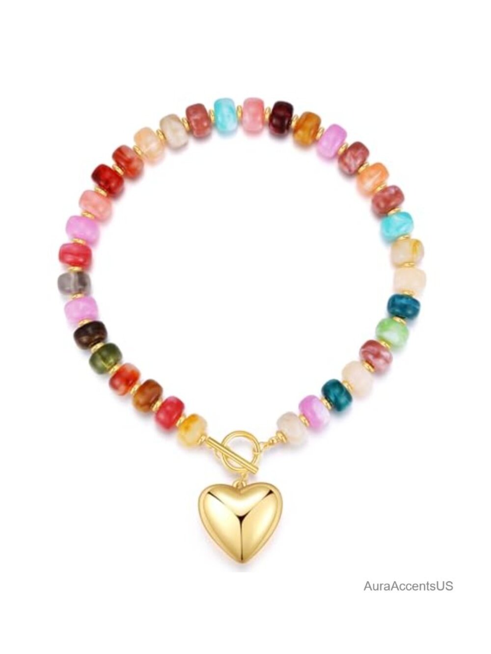 Chunky Heart Pendant Necklace Gold-Tone Acrylic Beaded Statement Jewelry